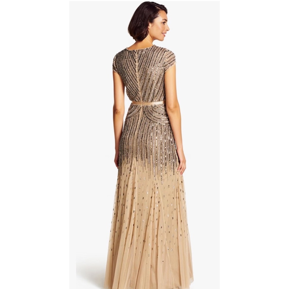 Adrianna Papell Beaded Sequin V-Neck Gown Cap Sleeve Maxi Dress Champagne Silver - Picture 2 of 16